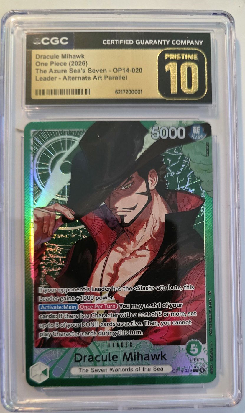 2026 One Piece OP14-020 Dracule Mihawk Leader Alternate Art Parallel CGC 10 Pristine front