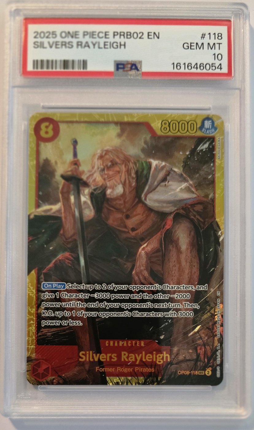 2025 One Piece OP08-118 Silvers Rayleigh PRB-02 Secret Rare PSA 10 Gem Mint front