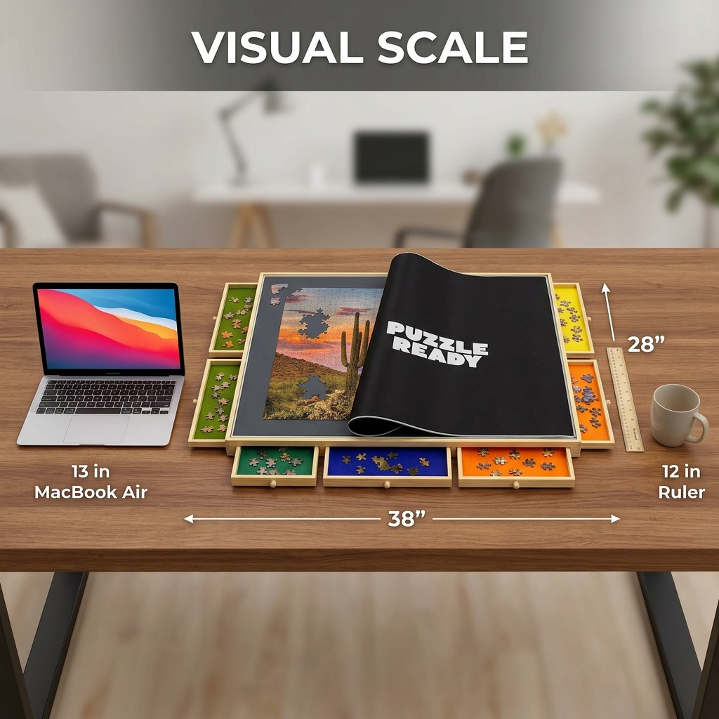 A photo of the Puzzle Ready puzzle board with sorted drawers placed on a wooden desk beside an open 13-inch laptop, depicting real-world scale and proportions.