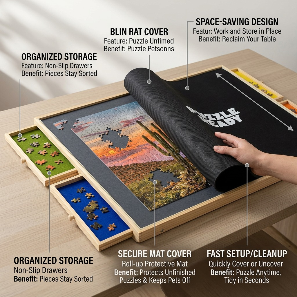 Puzzle Ready EB-PZ-001 infographic highlighting organized storage drawers and the secure mat cover.