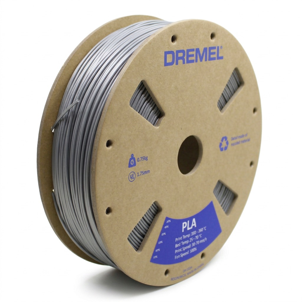 A crisp, centered ecommerce hero shot of a Dremel PLA filament spool with silver filament on a pure white background.