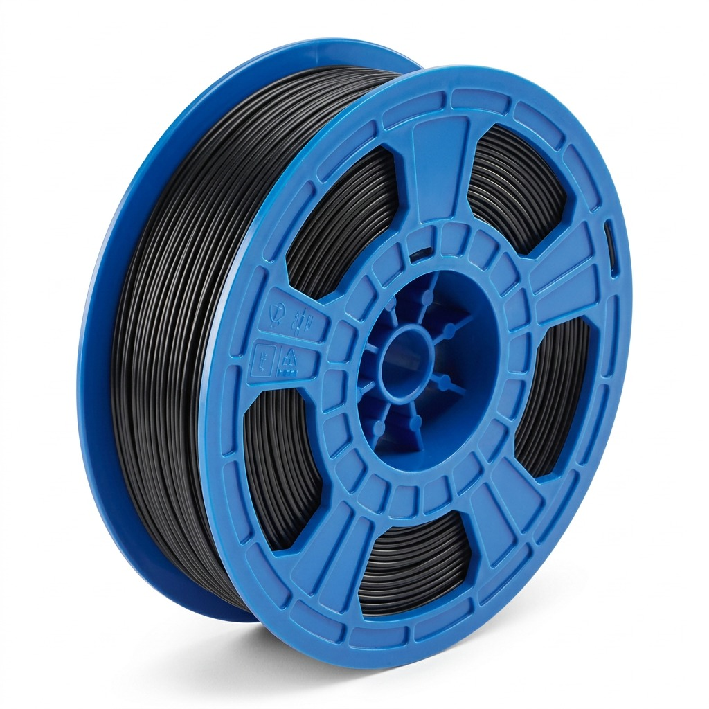 A high-resolution, centered photograph of a black 3PI Tech Solutions 3D PLA filament spool on a pure white background.
