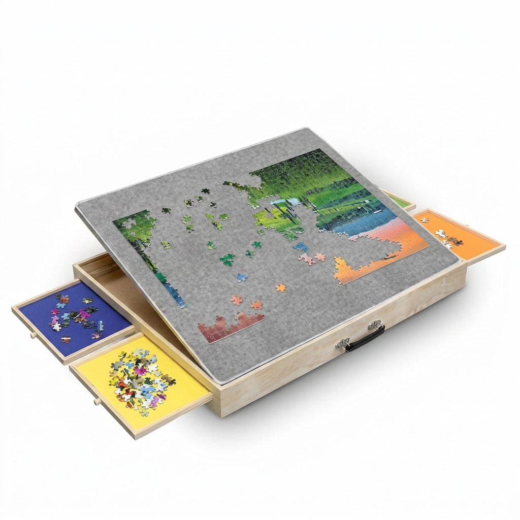 High-resolution hero shot of the Tilting Puzzle Board with open drawers on a white background.