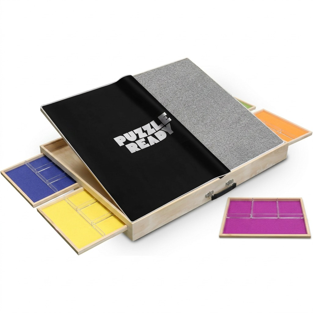 A high-resolution hero shot of the Puzzle Ready tilting puzzle board with sorted colorful drawers.