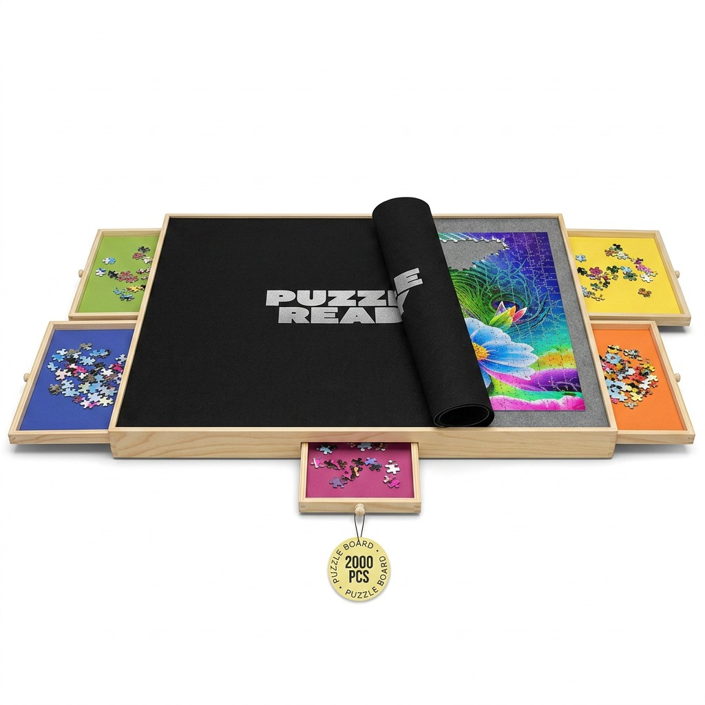Puzzle Ready wooden organizer with 4 open sorted drawers and peacock puzzle, on white background.