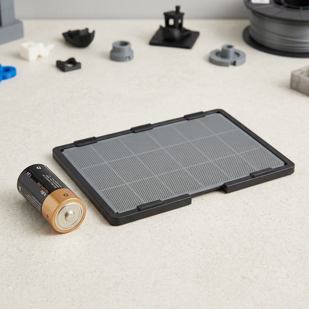 A close-up photograph shows the 3PI Tech Solutions BP40-01 Build Platform next to a standard AA battery on a light gray workshop counter, illustrating its scale in a focused product scene.