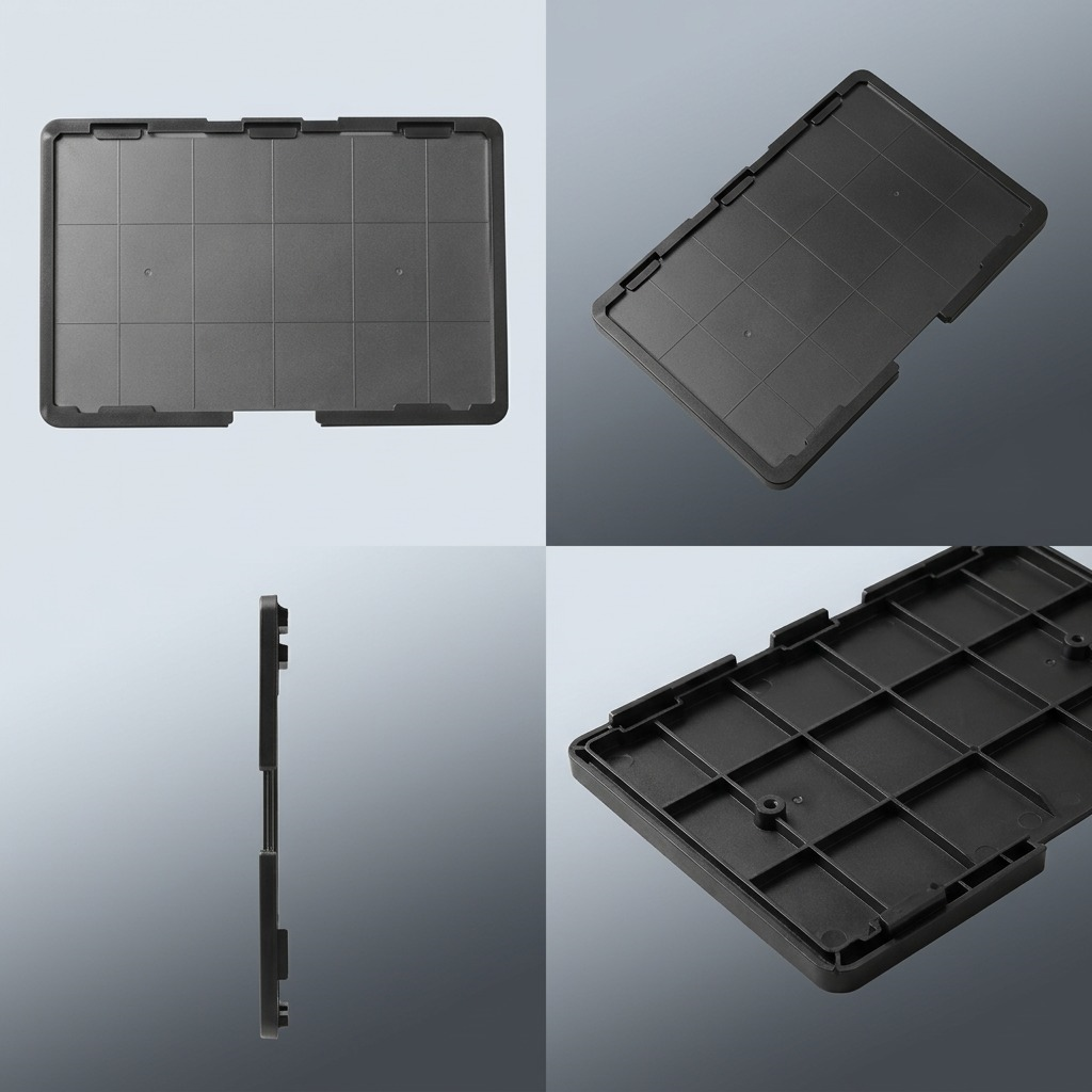 A four-panel grid matrix showing multiple angles of the black Dremel 3D40 Build Platform, highlighting all geometric details.