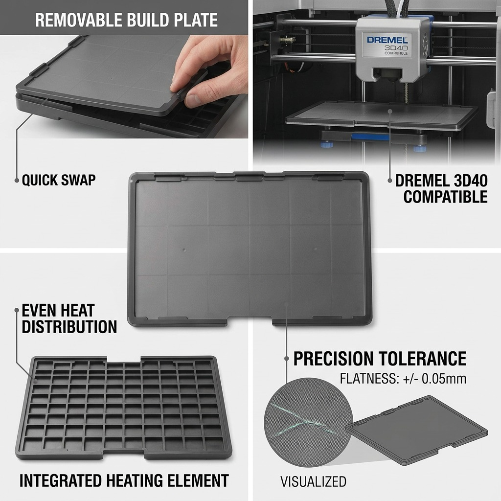 Feature collage showing Dremel 3D40 Build Platform, highlighting heat distribution and compatibility.