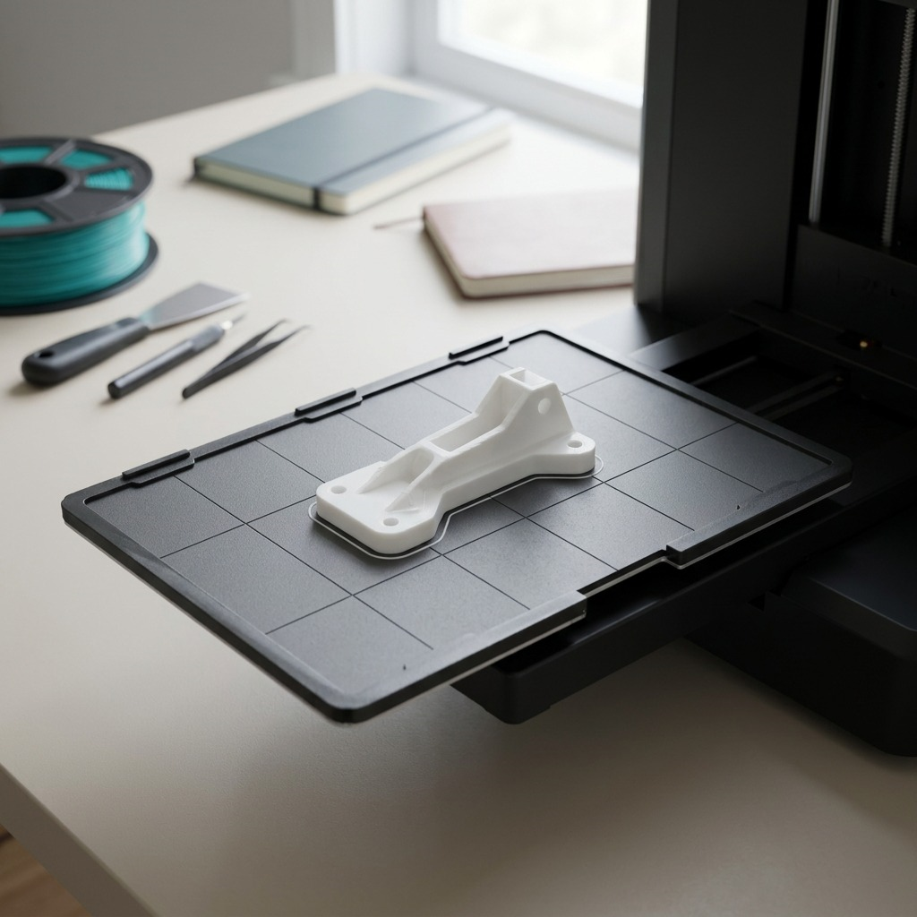 A Dremel 3D40 build platform with a finished object and printer in a workshop setting.
