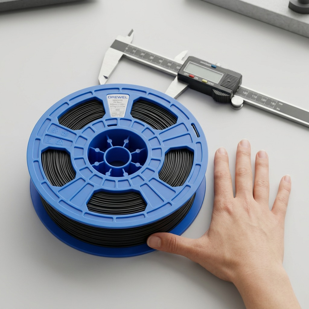 A 1:1 photorealistic comparison showing the black Dremel filament spool beside a human hand, highlighting its true size.