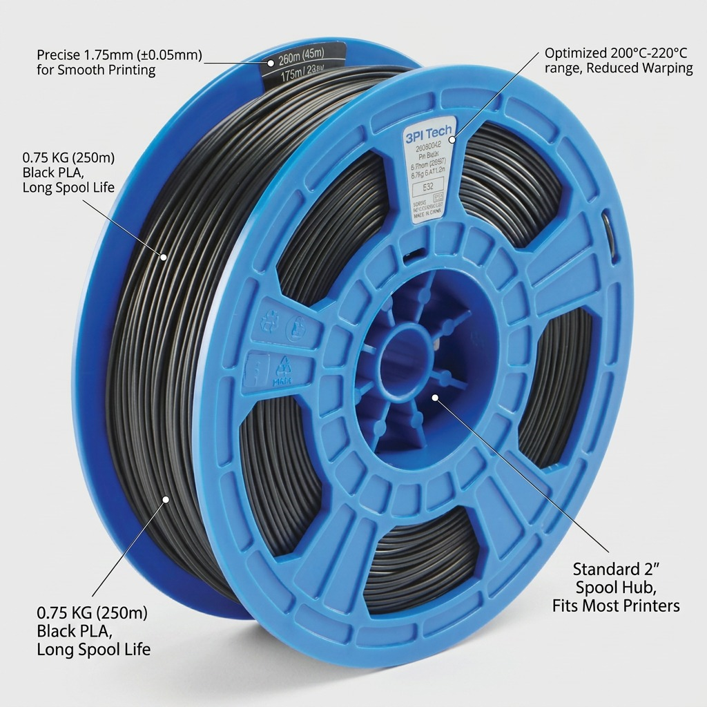 A professional feature infographic of the 3PI Tech Solutions PLA filament spool, highlighting technical specifications and user benefits with clean labels.