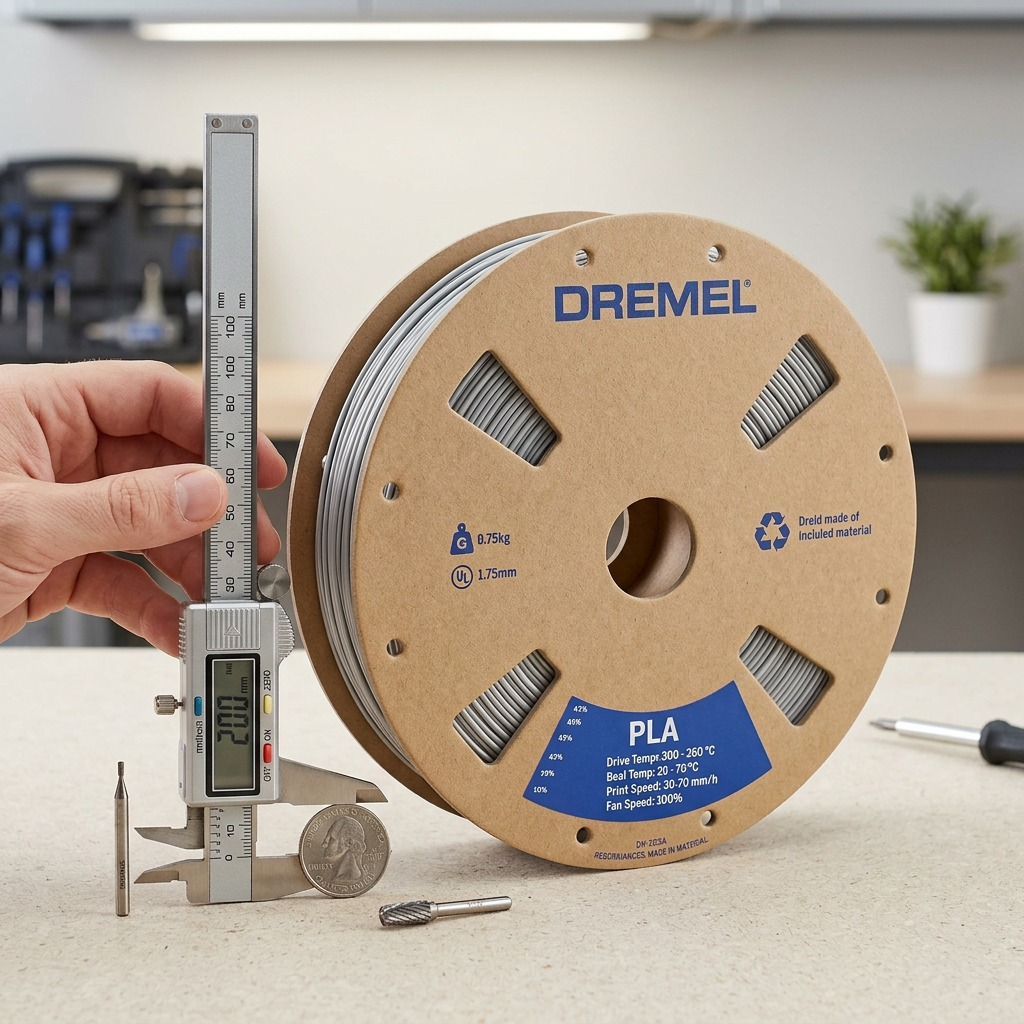 A 3D printer filament spool with calipers measuring the width.