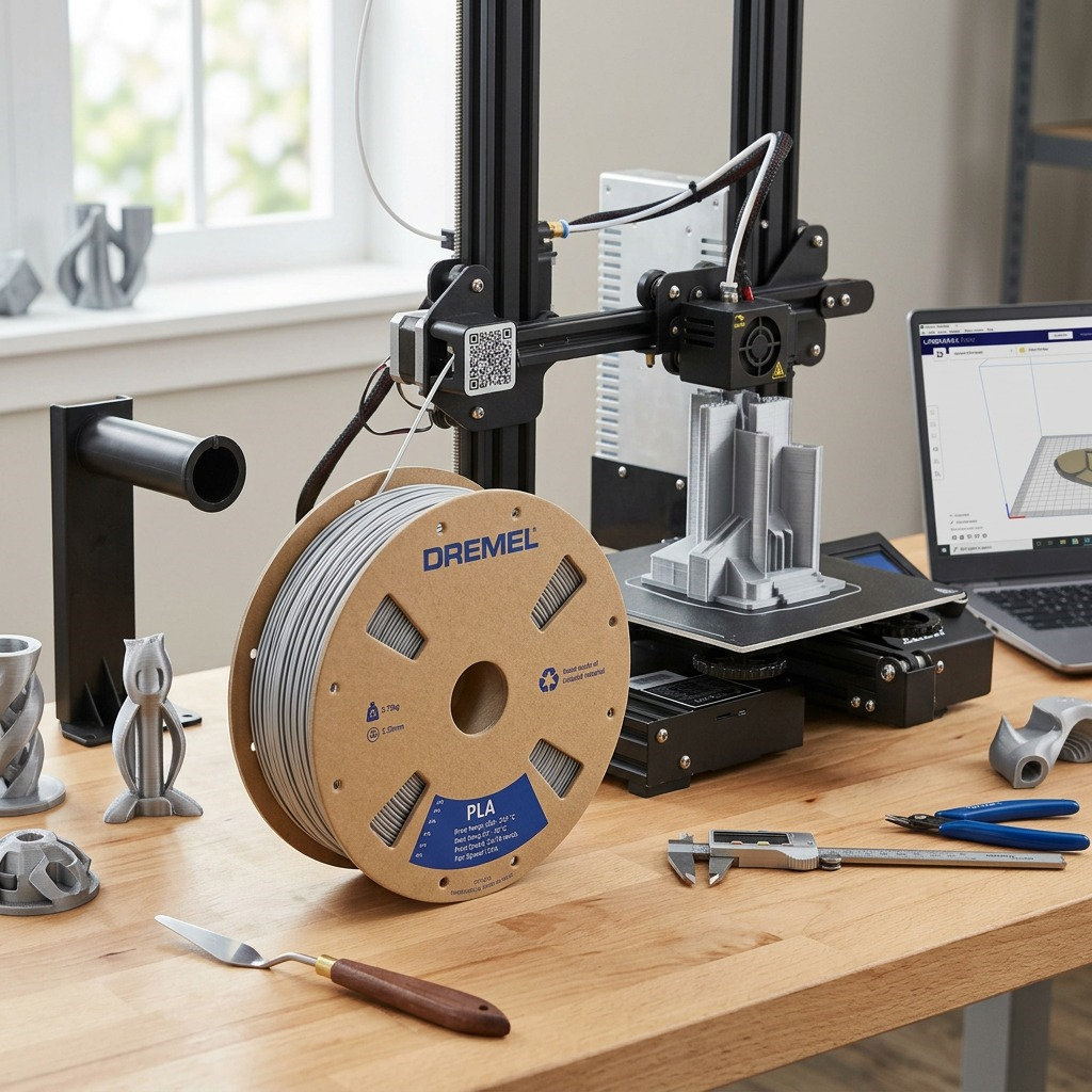 Silver-grey 3D printer filament spool and other supplies in a well-lit home office/workshop environment.