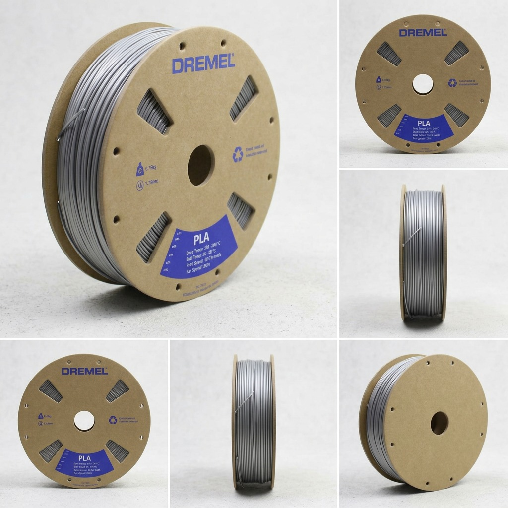 A product matrix showing multiple Dremel-branded 3D PLA filament spools, all silver-grey, displayed from various angles.