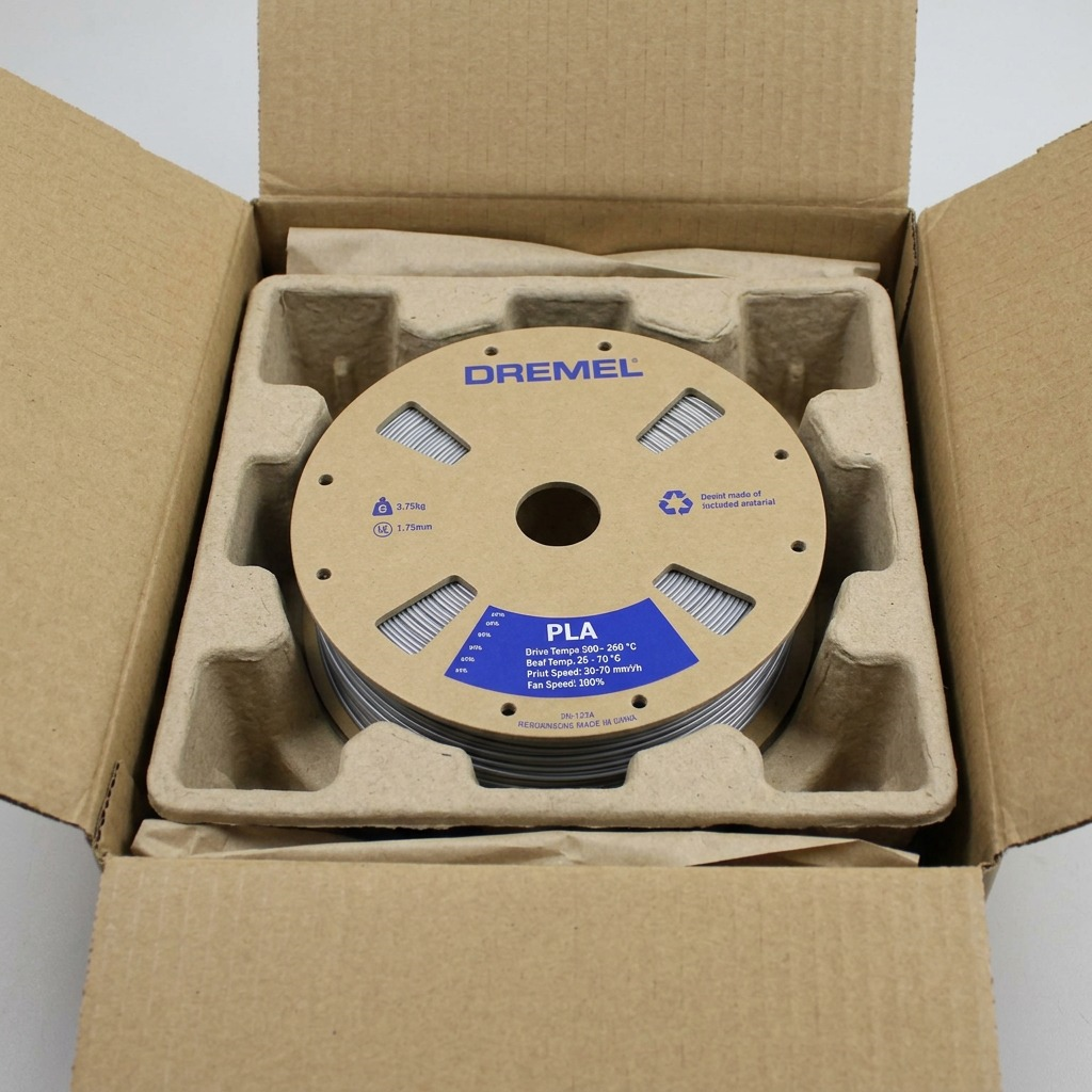 A photograph of the 3PI PLA filament spool, taken from the canonical perspective, in a nested cavity of form-fitting molded cardboard protective padding within a shipping box, demonstrating secure packaging.