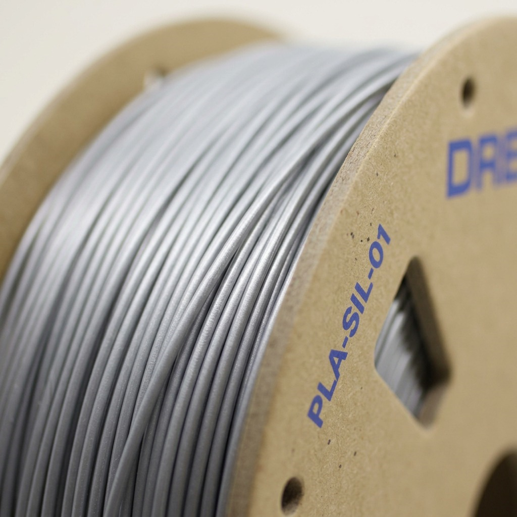 Macro close-up of precise, uniformly wound Dremel silver 1.75mm PLA filament on a cardboard spool.