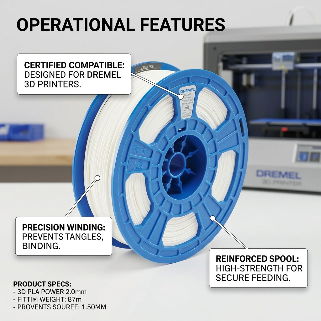 3D filament spool operational feature graphic, highlighting Dremel compatibility and precision winding.