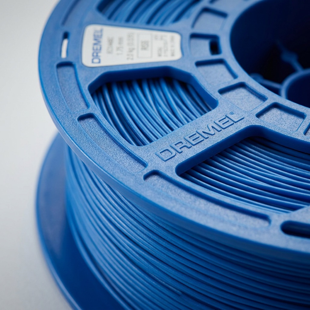 A macro close-up photograph showcasing the tight, uniform winding of the blue 3D printer filament and the clear manufacturer markings on the light blue spool.