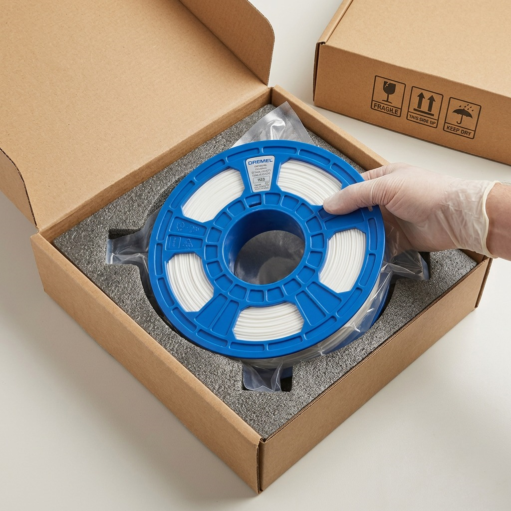 A hand, with a gloved finger, carefully removes a 3D printer filament spool from its vacuum-sealed packaging and foam cushioning. The blue Dremel-labeled spool with white filament is shown securely nested within a brown corrugated cardboard box. The background remains neutral, and no additional branding or text is present.