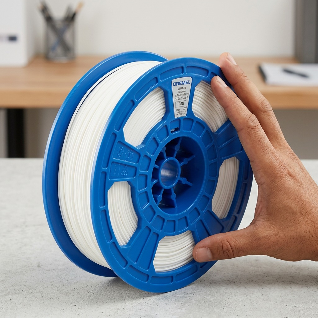 The generated image provides a clear scale comparison of the blue 3PI Tech Solutions, Inc 3D PLA Filament Spool next to a standard human hand, illustrating its 1.75mm diameter.