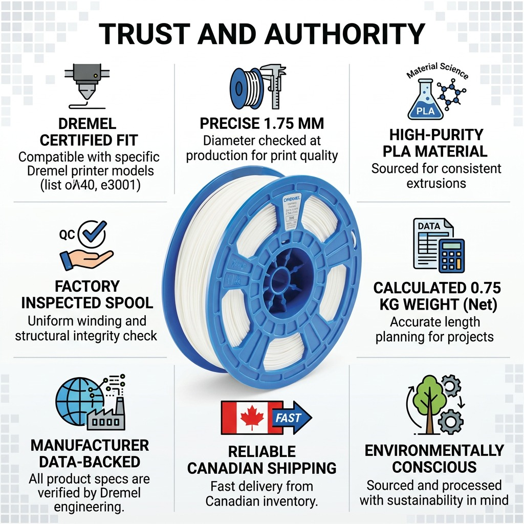 An informative infographic showcasing the features of the 3D PLA Filament Spool, including "DREMEL CERTIFIED FIT," "PRECISE 1.75 MM," "HIGH-PURITY PLA MATERIAL," and "FAST CANADIAN SHIPPING."