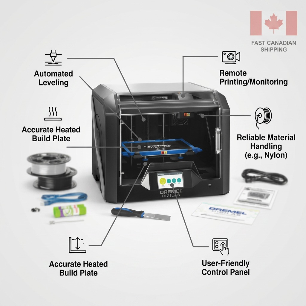 Product graphic of Dremel 3D45 with key operational feature callouts, pointing to key parts.