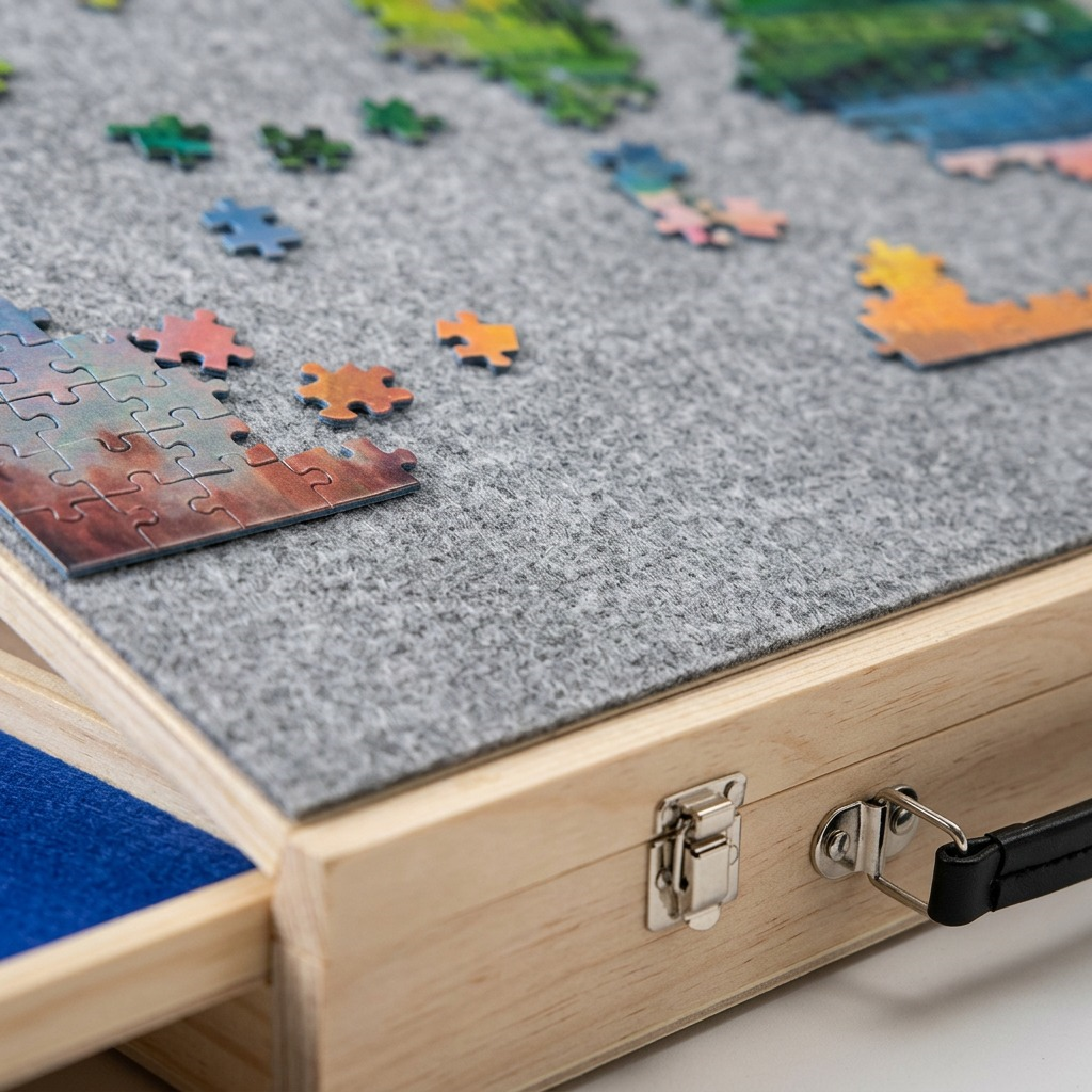 Macro photo detailing the 1000-piece puzzle board's grip-felt surface, wood grain, safe clasp, and assembled puzzle edge.