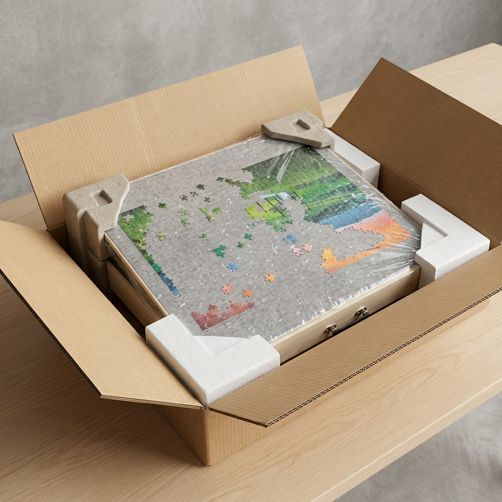 Alternative text: Puzzle board in shipping box, protected by packing foam corners and plastic wrap.
