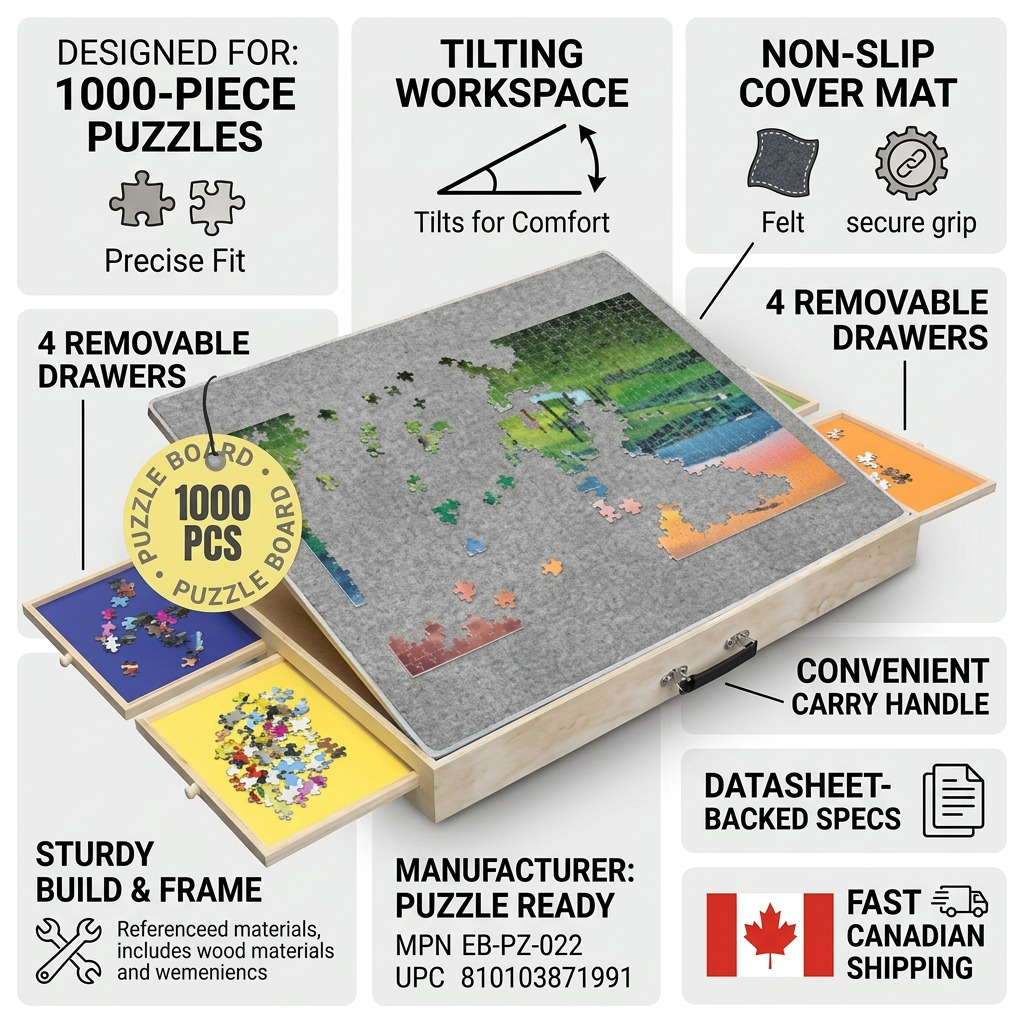 Matrix infographic for the Puzzle Ready 1000-Piece Tilting Puzzle Board, featuring build quality and shipping details.
