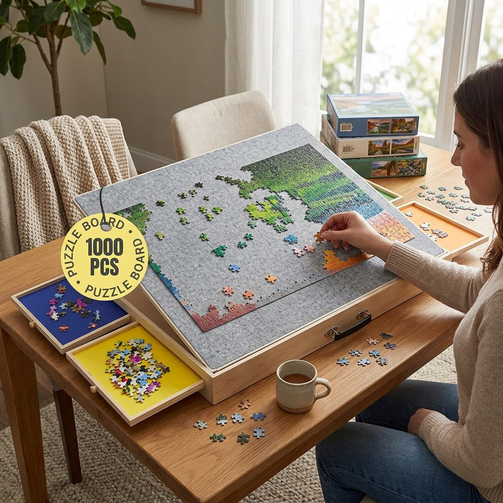 A woman focuses on a large, partially completed puzzle on a Tilting Puzzle Board with Drawers.