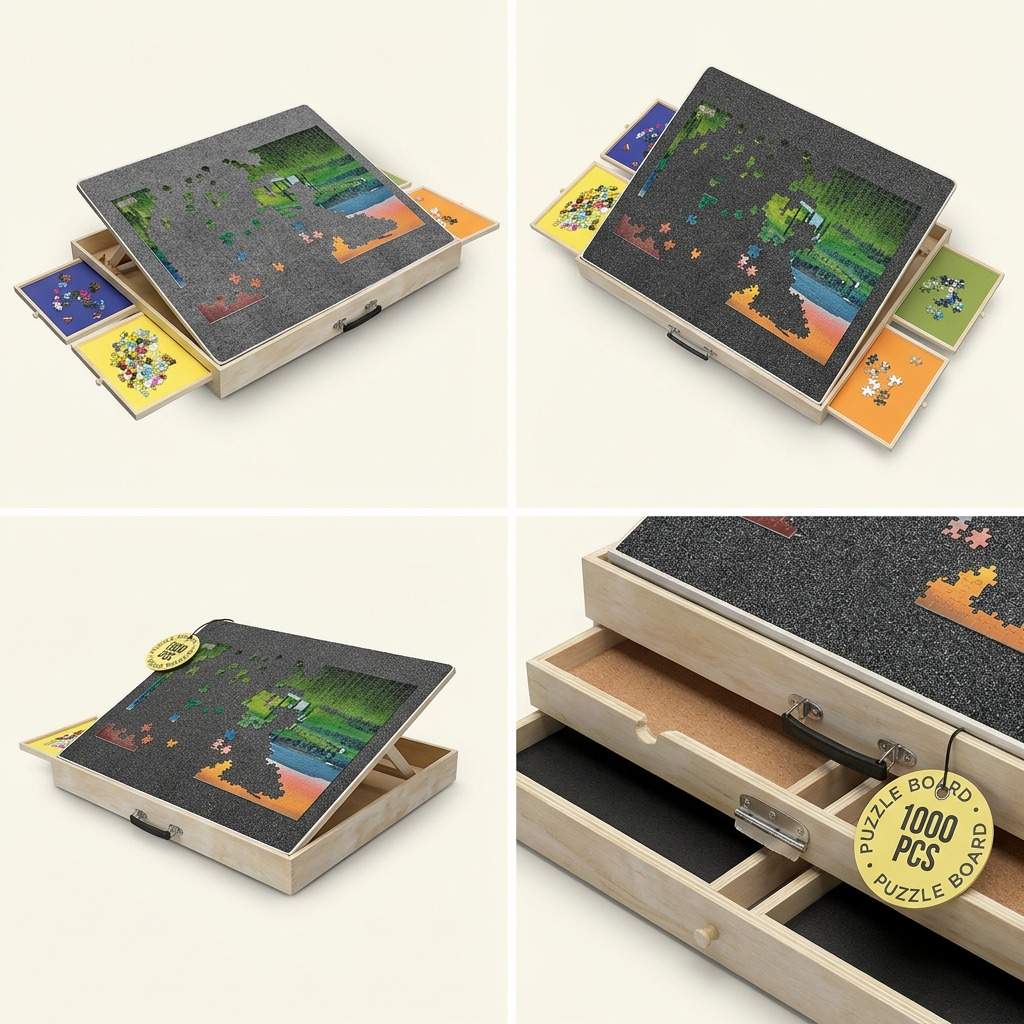 A four-panel grid matrix showcasing the same tilting puzzle board assembly from multiple angles, highlighting its drawers, cover mat, and specific tag details.