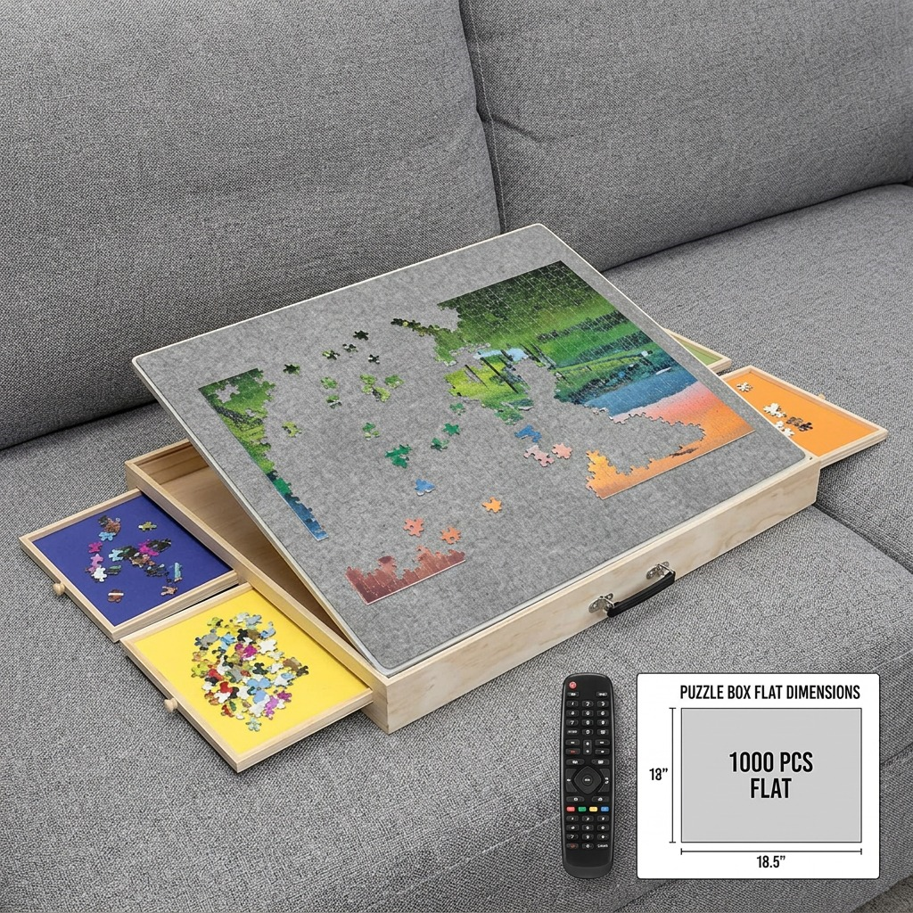 A photograph of the 1000-piece puzzle board on a grey sofa with a remote and size chart for scale.
