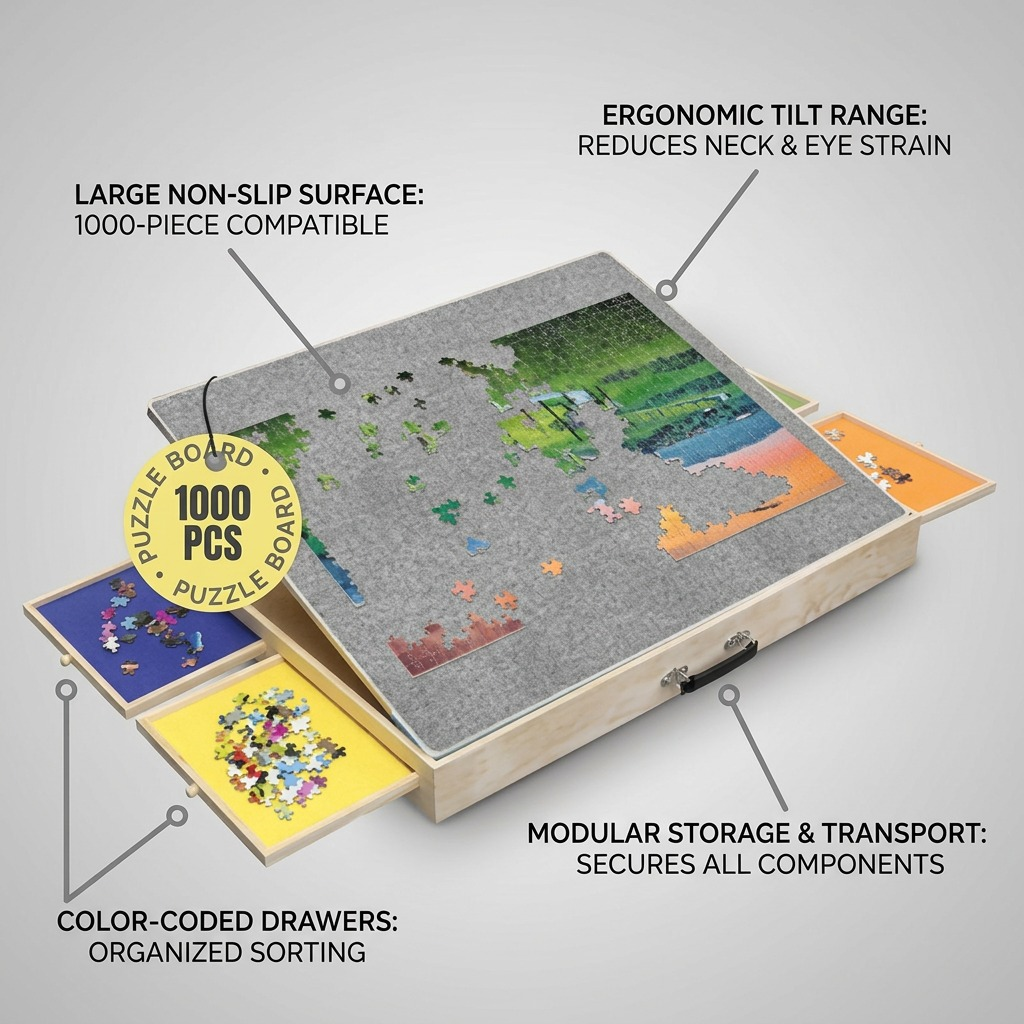 A product diagram of the Puzzle Ready tilting puzzle board, labeled with key features like ergonomic tilt and modular storage.