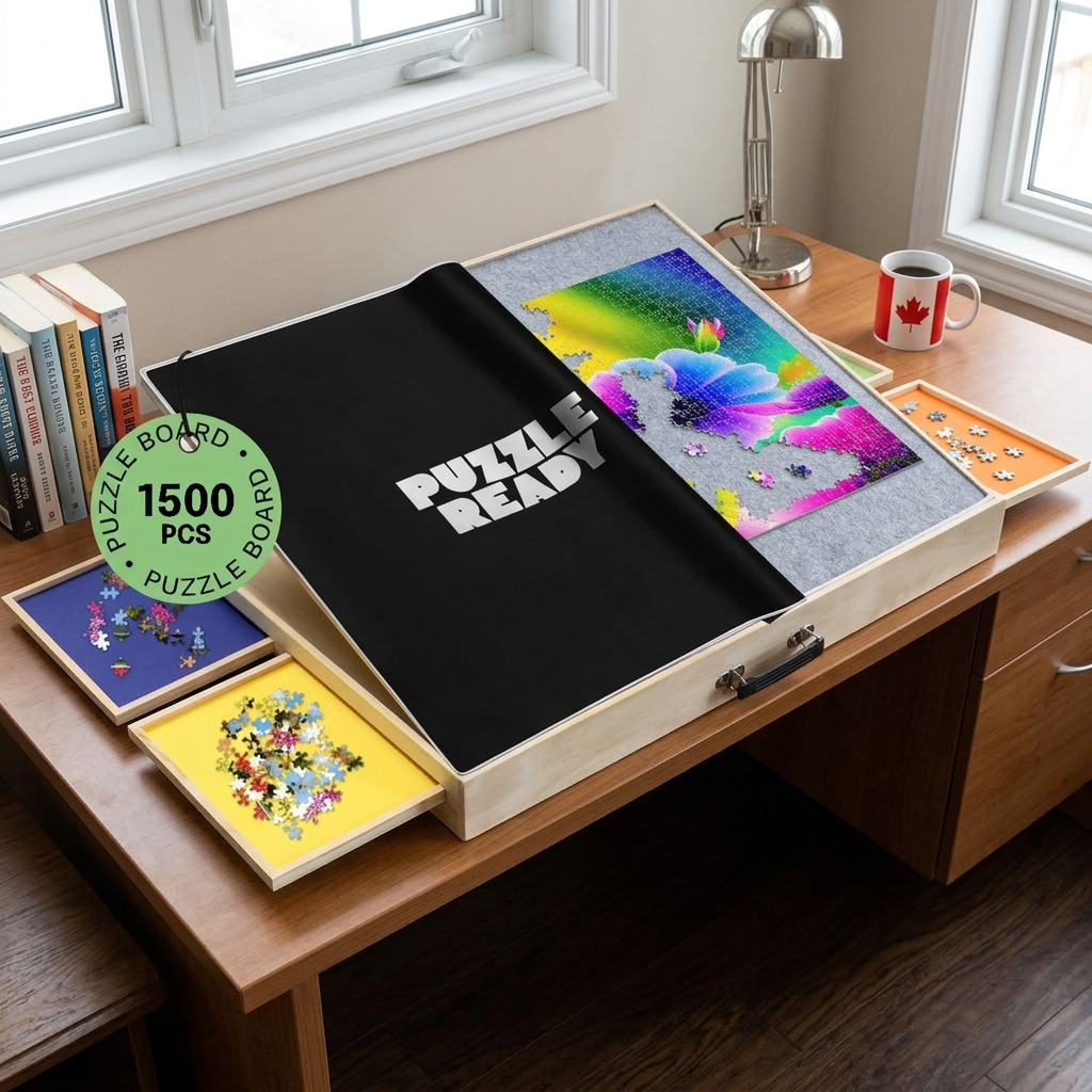 The Puzzle Ready board spanning a large desk, next to common items for size reference.