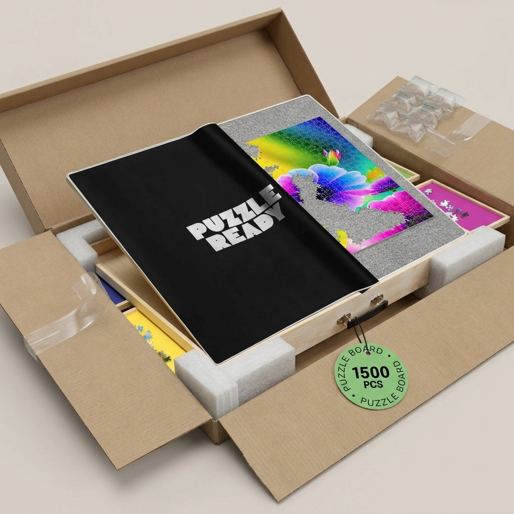 An open, heavy-duty shipping carton with foam inserts protecting the Puzzle Ready 1500-piece puzzle board.