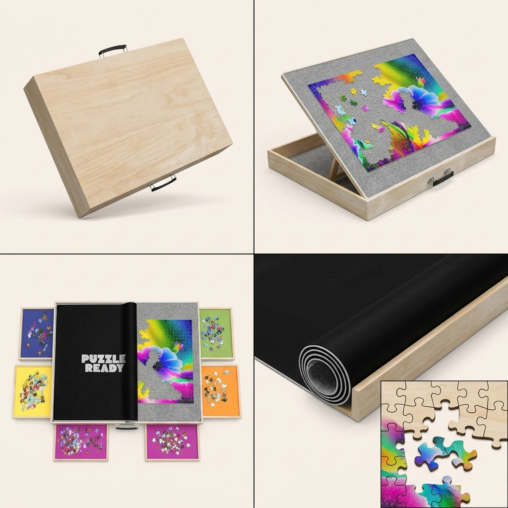 A four-panel grid exhibiting the wooden 1500-piece puzzle board from various useful angles and configurations.