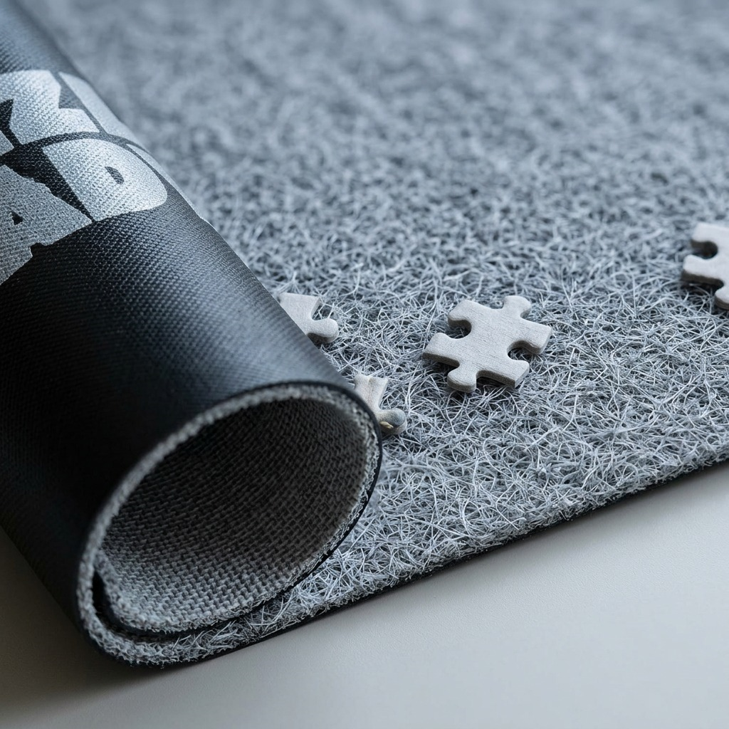 Extreme close-up of a high-friction gray fiber mat texture for holding jigsaw puzzle pieces.