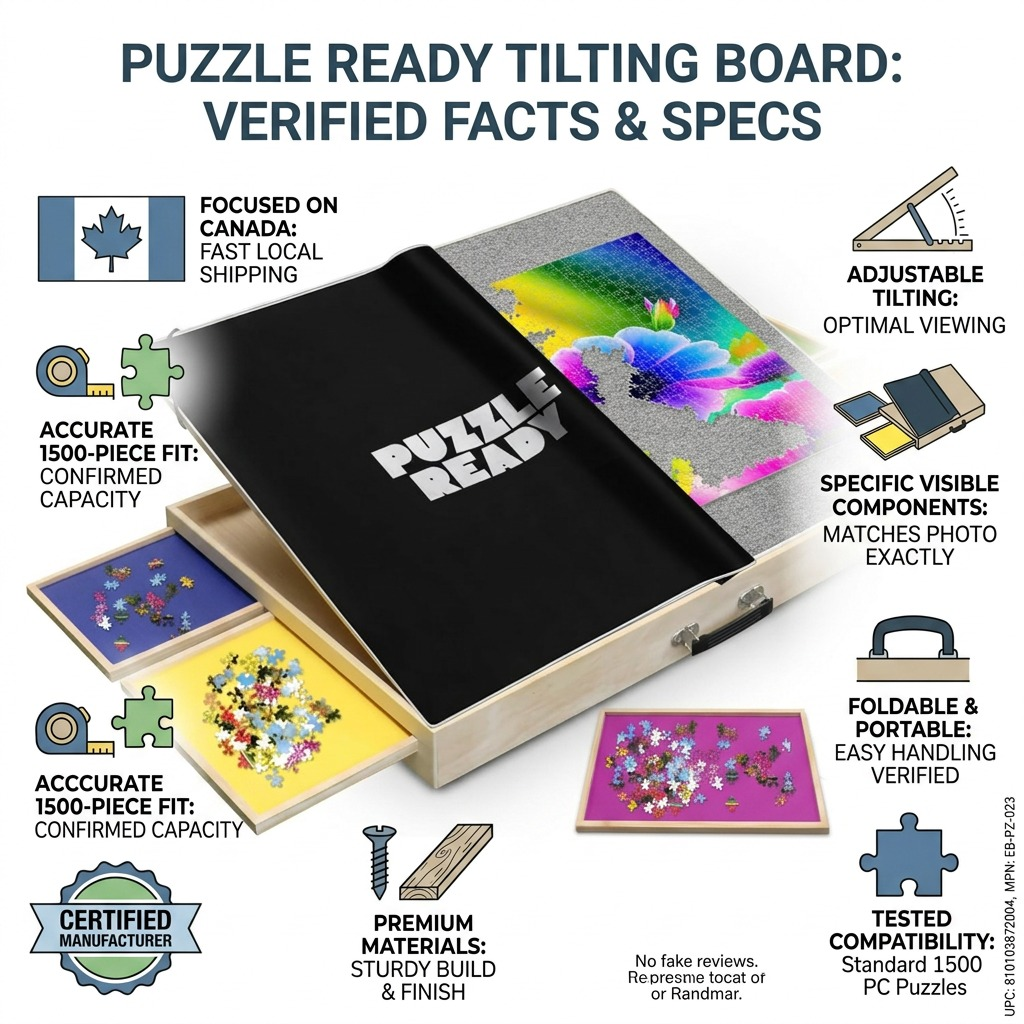 Puzzle Ready product specifications infographic with Canada shipping, tilting features, and material details.