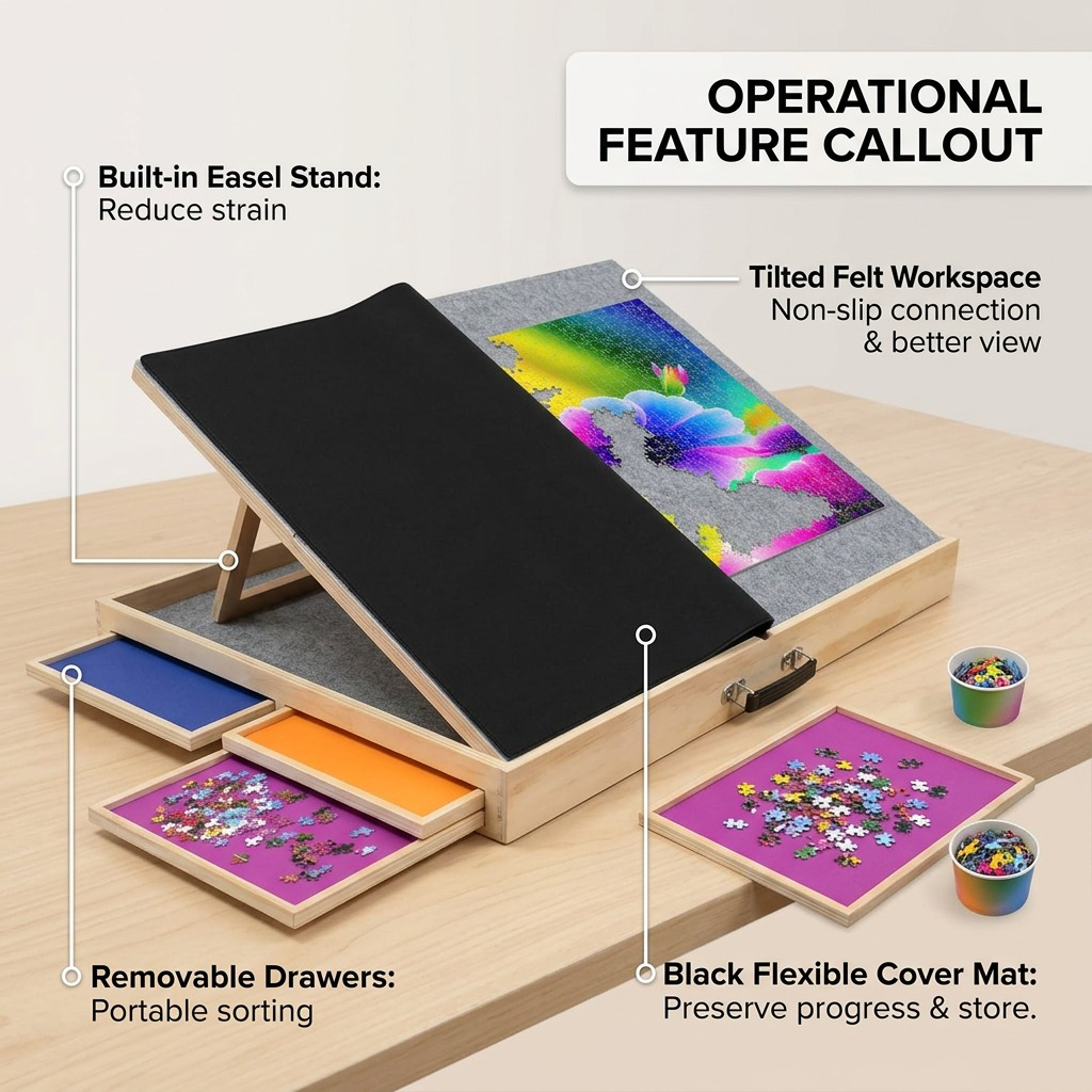 Operational feature callout graphic for Puzzle Ready Tilting Puzzle Board. Callouts list the built-in easel stand for reducing strain, scientific non-slip felt workspace, removable drawers for sorting, and a protective cover mat. This product-led graphic with clean connections focuses on how specific technical attributes result in a better experience.