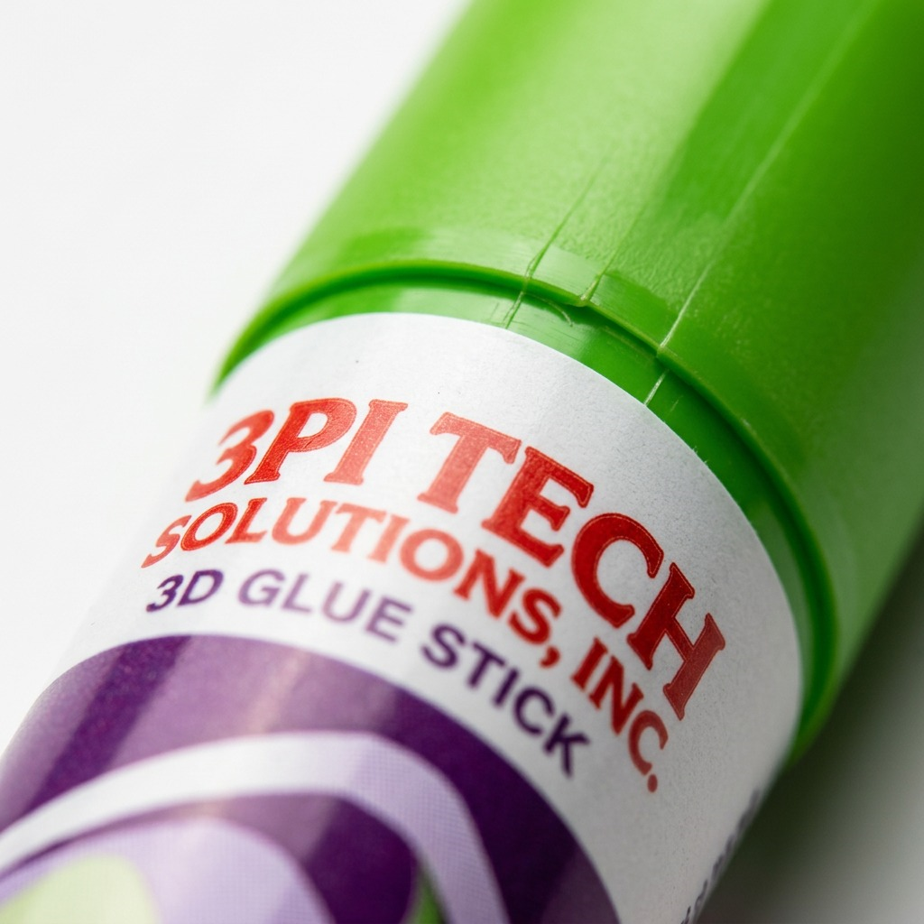 Macro detail of a 3D45 glue stick's plastic cap and label print, showing sharp text.