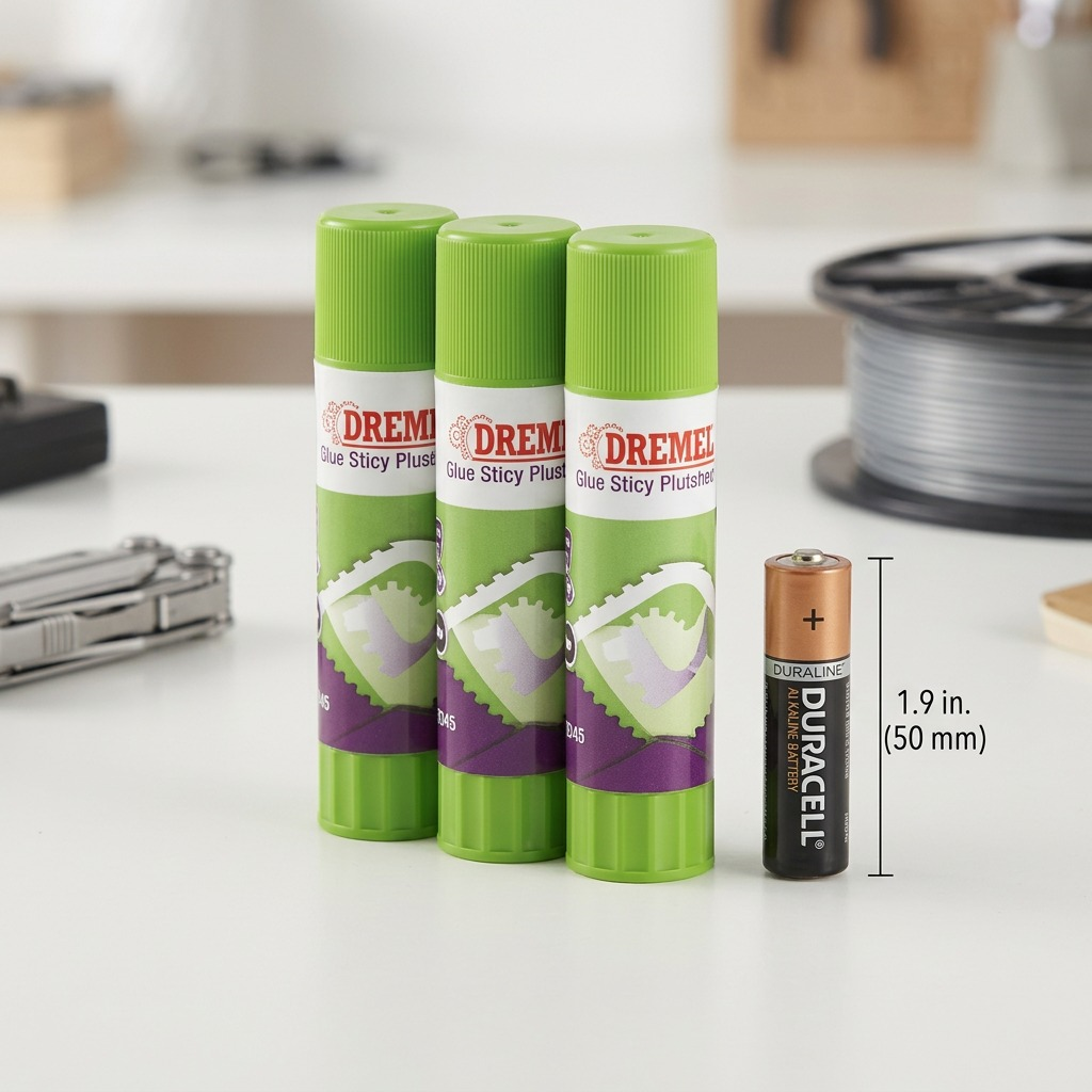 A realistic scale comparison showing three Dremel 3D45 Glue Sticks standing upright next to a standard AA battery.