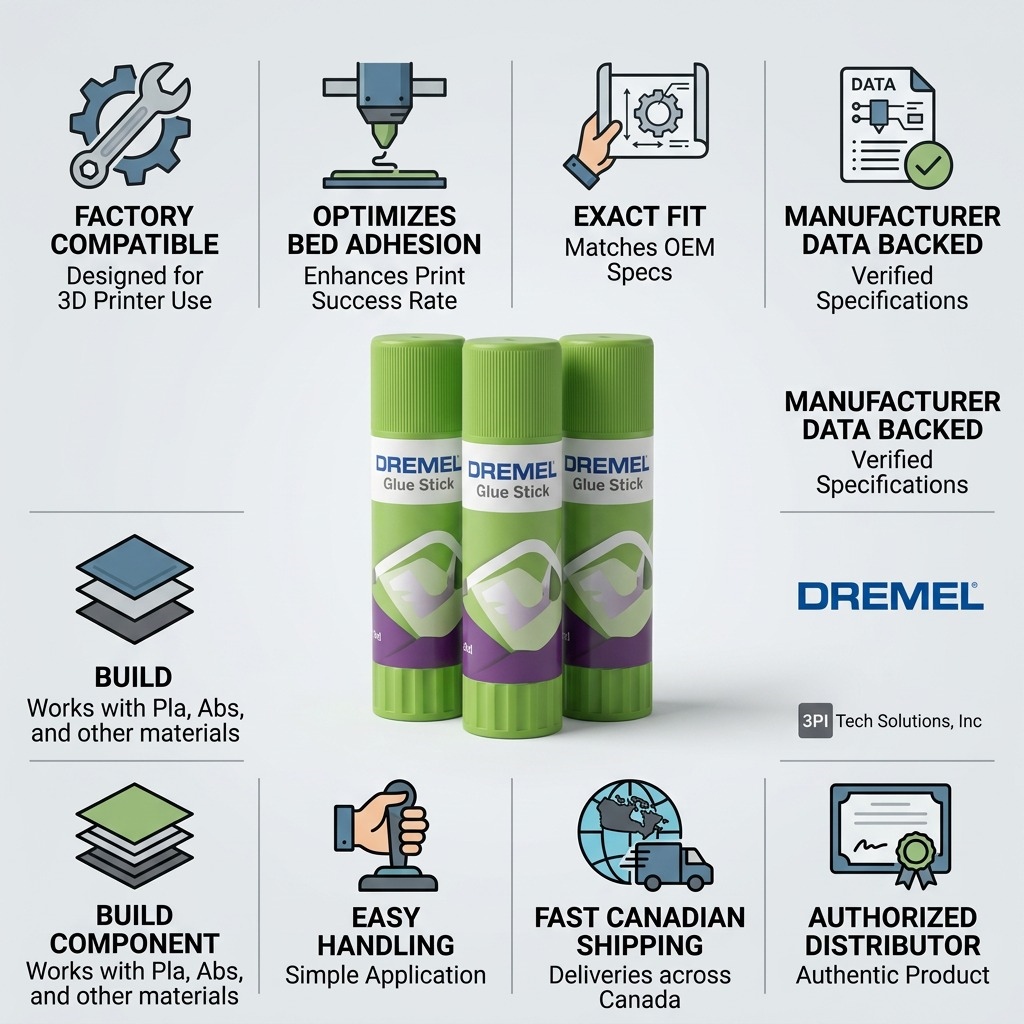 3D printer glue stick trust matrix infographic: factual icons and short cues about compatibility, use, and fast Canadian shipping.