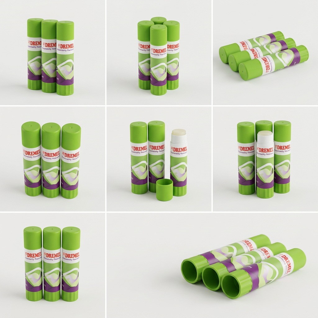 A six-panel visual matrix displaying the 3PI Tech Solutions Dremel 3D45 Glue Stick (3-pack) in various configurations and angles, consistent with image_0.png, against clean, light-colored backgrounds.