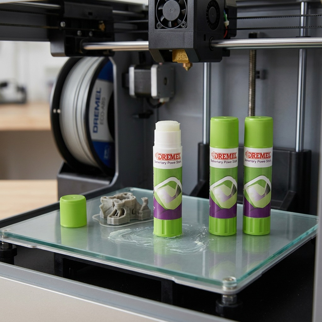 This is a close-up lifestyle photo of the 3PI Tech Solutions, Inc Dremel 3D45 Glue Stick 3-pack (MPN: GS45-01). The three green, purple, and white sticks stand upright on the glass build plate of a Dremel 3D45 printer, which shows a small, recently removed 3D print and some dried adhesive residue. A nozzle is visible. Natural desk lighting is used. The setting is clean and functional, emphasizing the product's role.