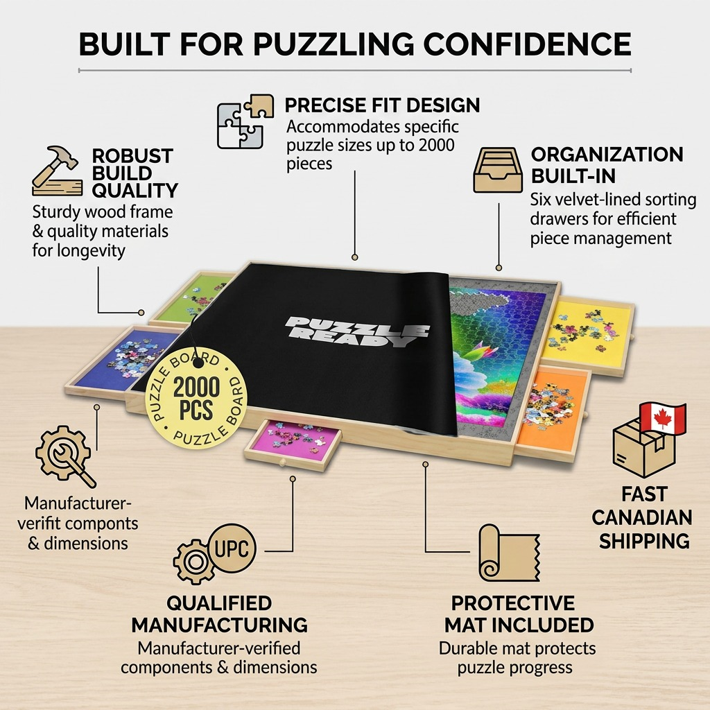 An infographic showing the 2000-piece puzzle ready board with Canadian shipping and build quality facts.