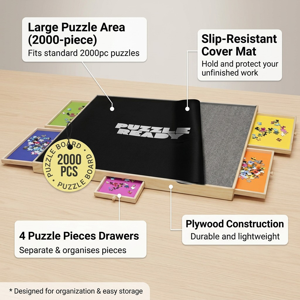 A polished infograph showing a 2000-piece wooden puzzle board with its four sorted-piece drawers and a protective cover mat detailed, with short labels highlighting the functionality.