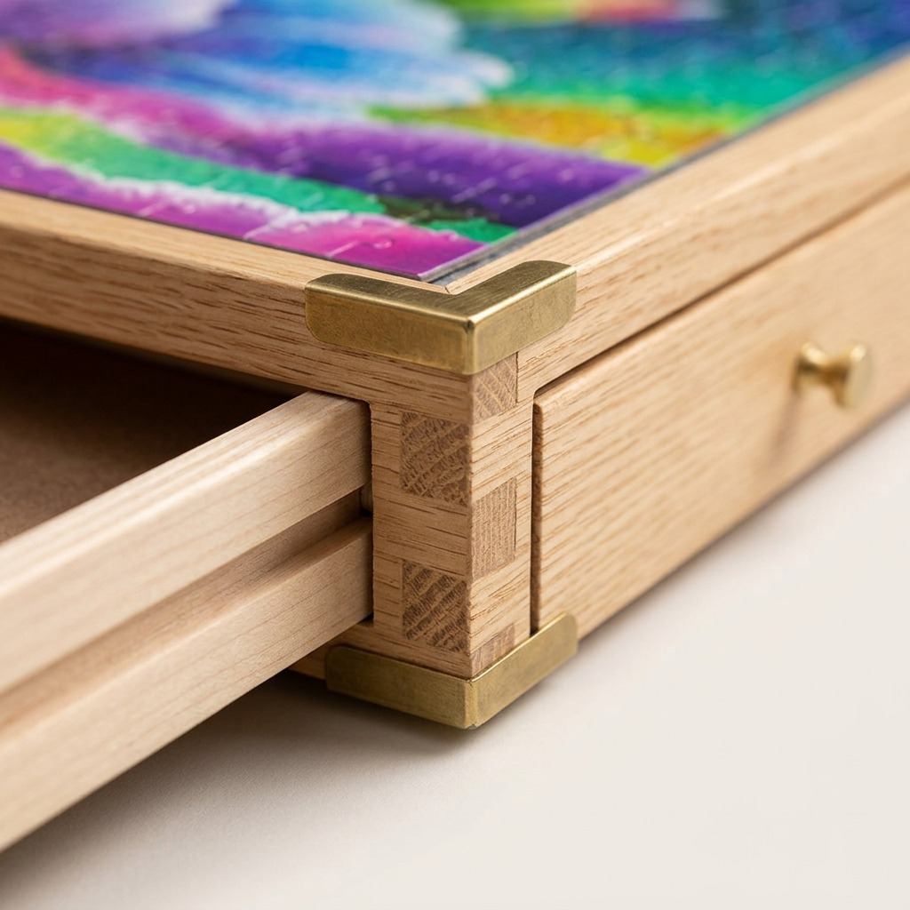 A macro photo of a wooden drawer joint and brass corner clasp on the puzzle board frame.