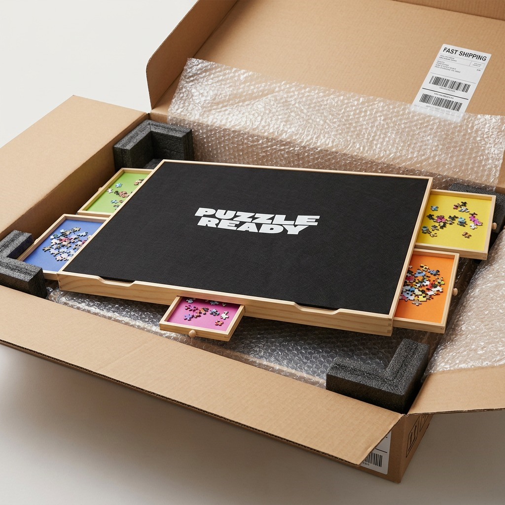 Puzzle Ready 2000-piece board arrives securely packed with foam corners and bubble wrap for safe delivery.