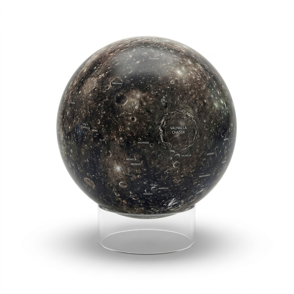 Replogle Astronomy Magazine 12-inch Callisto surface globe on a clear acrylic stand.
