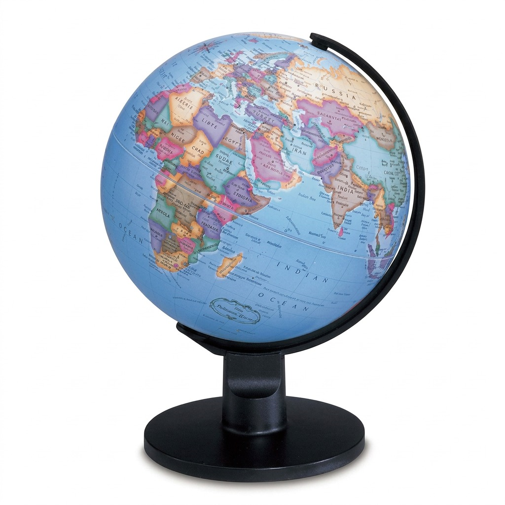 Replogle Trekker 6-inch Diameter Blue Ocean Desk Globe (French version) on a black stand, isolated on a white background.
